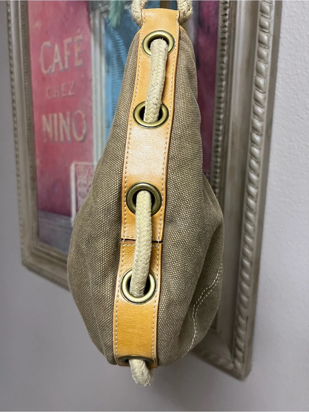 BCBGirls Olive Canvas Hobo with Tan Leather Trim